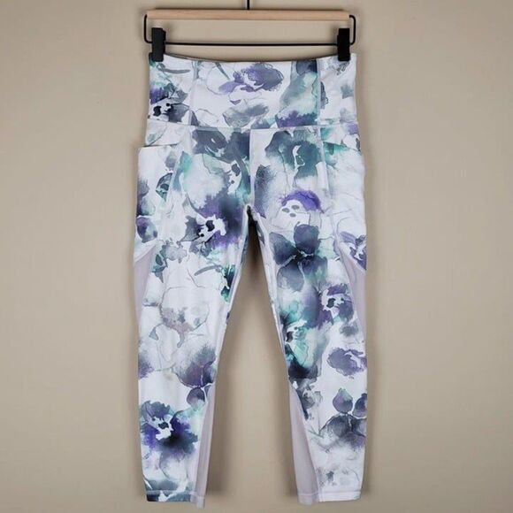 Athleta Size S Floral Mudra Capri Mesh Crop Leggings White Green Purple - Picture 2 of 12